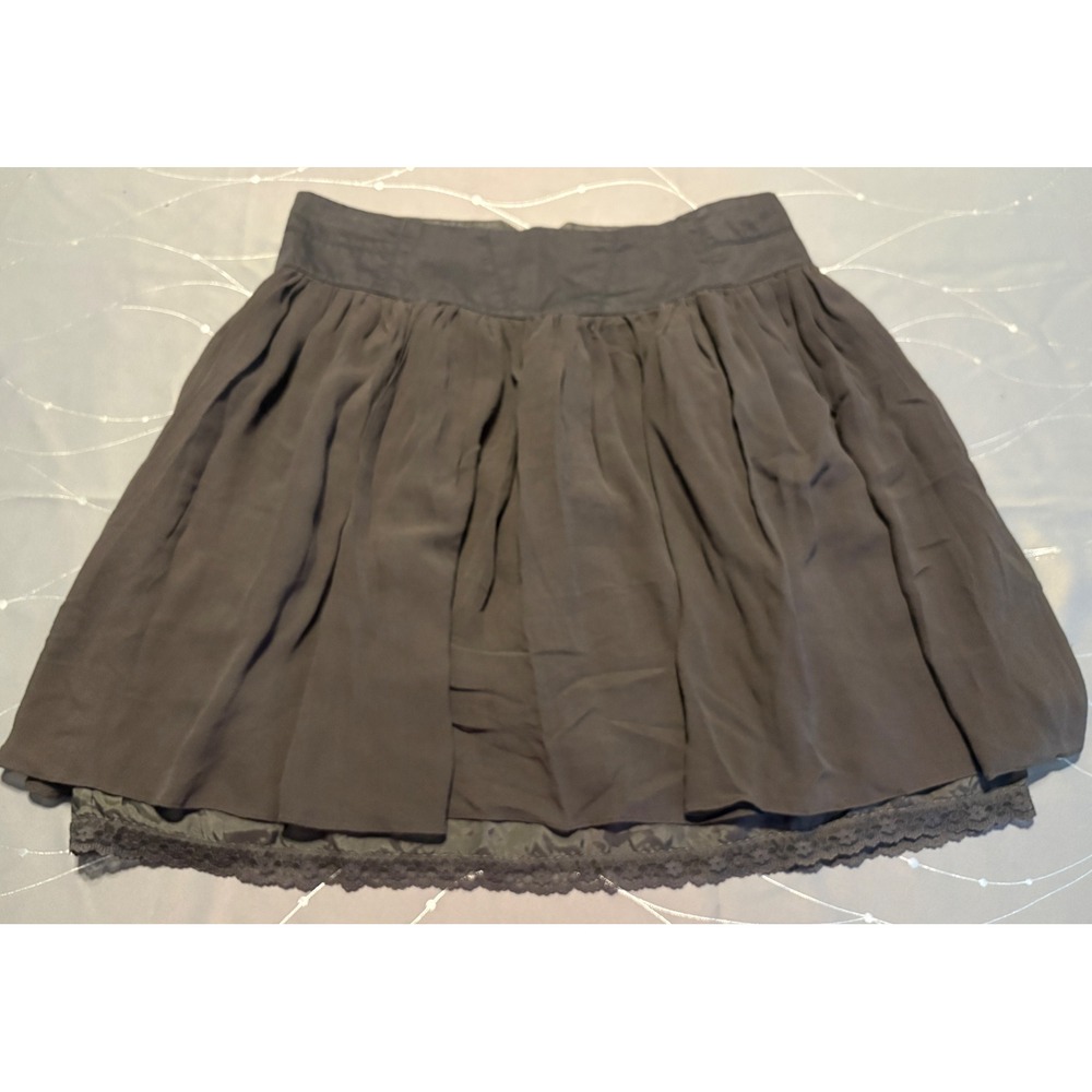 Odille Anthropologie Silk Mini Skirt Gray Lace Trim Flared Size 4 RN66170